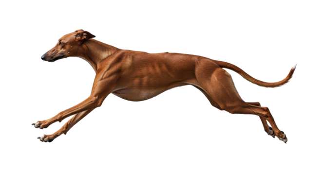 Isolated Greyhound dog mid-run with short coat and cropped ears against a simple background