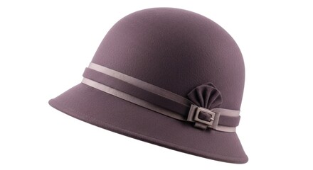 A stylish cloche hat with a ribbon band and decorative buckle, presented against a white background.