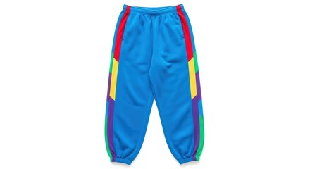 A pair of bright blue track pants with colorful stripes down the sides, featuring red, yellow, green, and purple accents.