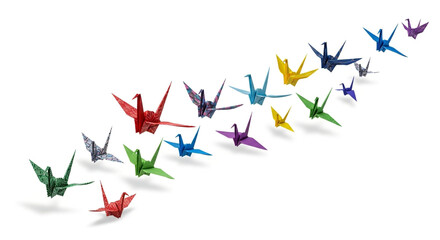 Isolated on white background, a graceful formation of origami cranes soars upwards, symbolizing dreams, aspirations, and the pursuit of a brighter future