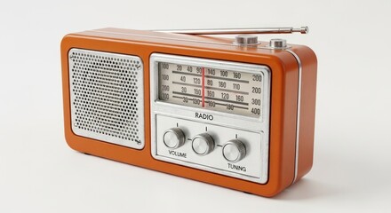 A vintage-style orange portable radio with a silver speaker grill and tuning dial.