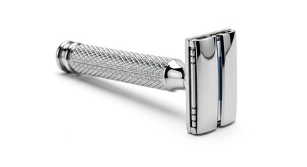 A gleaming chrome double-edged safety razor with a textured handle, presented on a clean white background.