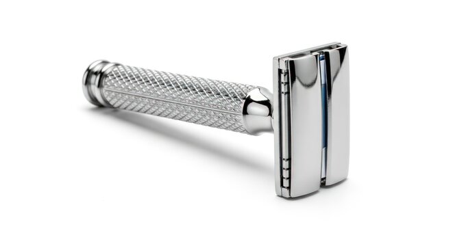A gleaming chrome double-edged safety razor with a textured handle, presented on a clean white background.