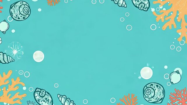 Colorful marine life animation with moving shells and coral in aqua background