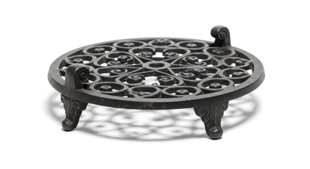 A decorative cast iron trivet with an ornate circular pattern and three legs, casting a shadow on a white background.