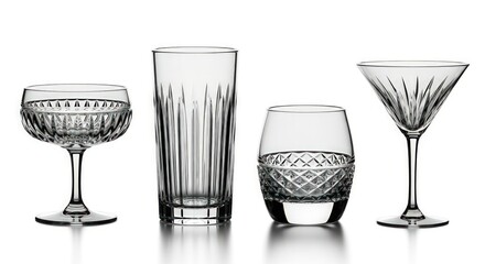 A collection of four elegant crystal glassware pieces, including coupe, highball, rocks, and martini glasses, showcasing intricate etched patterns and vertical fluting.