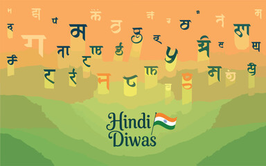 Hindi Diwas celebration with Devanagari script and Indian flag