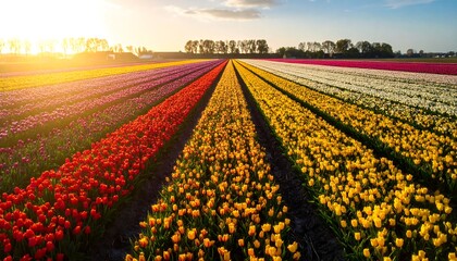Colorful tulip fields at sunset