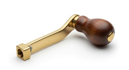 A close-up studio shot of a brass crank handle with a wooden knob, isolated on a white background.
