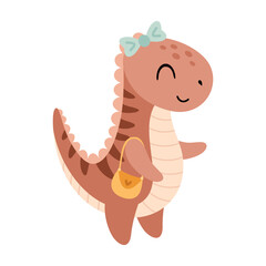 Cute Tyrannosaurus rex dinosaur girl clipart, isolated cartoon jurassic character. Vector illustration