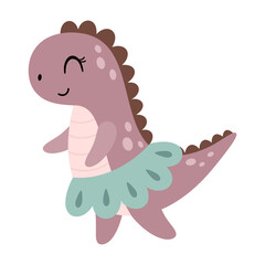 Cartoon dinosaur girl clipart in pastel colors, cute isolated jurassic character. Vector illustration