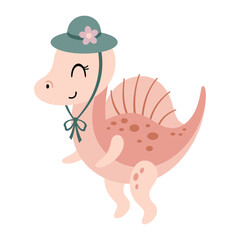 Pink spinosaurus dinosaur girl clipart, isolated cartoon jurassic character. Vector illustration