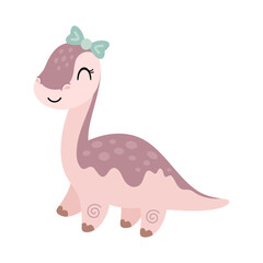 Cartoon dinosaur girl clipart in pastel colors, cute isolated jurassic character. Vector illustration