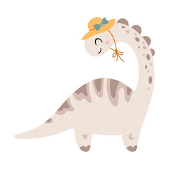 Cartoon dinosaur girl clipart in pastel color, cute isolated jurassic character. Vector illustration
