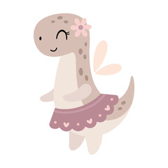 Kawaii cartoon dinosaur clipart in pastel colors, isolated dino girl character. Vector hand drawn illustration