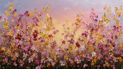 Sunset sky painting garden flowers in shades of gold and pink