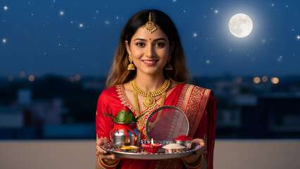 Obraz na płótnie Canvas Indian Woman in Traditional Saree Holding Puja Thali for Karwa Chauth with Full Moon
