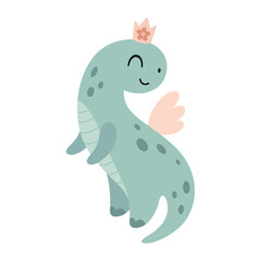 Kawaii cartoon dinosaur clipart in pastel colors, isolated dino girl character. Vector hand drawn illustration