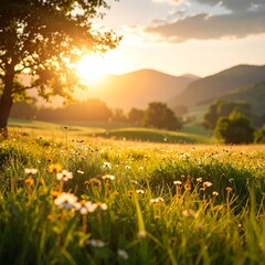 Sunlit meadow at sunset