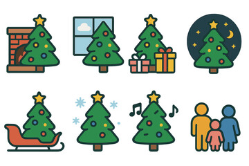 Christmas Tree Icon Set. Tree Contexts set of icons in neo-flat style: Christmas tree with fireplace, Christmas tree with window, Christmas tree with