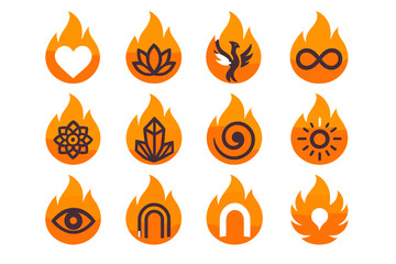 Symbolic Fire Glow Icons. Symbolic Fire Glow in modern flat vector : fire glow with heart, fire glow with lotus, fire glow with phoenix, fire glow