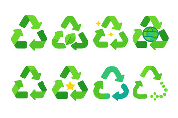Obraz premium Vibrant Recycle Icons. Recyclable Icon in modern flat vector : classic recycle arrows, recycle arrows with leaf, recycle symbol with sparkles, recycle