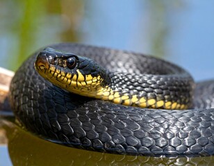 Fototapeta premium Close-up of a black snake coiled on water
