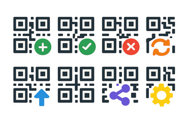 Colorful QR Code Icons. Scan Actions in modern flat vector : QR code with plus sign, QR code with checkmark, QR code with cross mark, QR code with