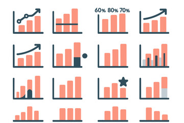 Neo-Flat Bar Chart Icons. Analytical Bar Charts set of icons in neo-flat style: bar chart with trend line, bar chart with target line, bar chart with