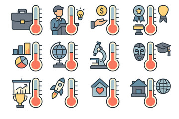 Fototapeta premium Neo-Flat Debt Meters. Event Debt Meters set of icons in neo-flat style: business debt meter, startup pitch debt meter, fundraising debt meter, charity