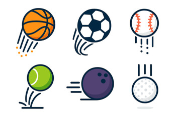 Colorful Sports Ball Icons. Sports Ball Drop in modern flat vector : basketball falling, soccer ball in motion, baseball descending, tennis ball