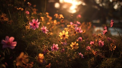 Obraz premium Golden sunlight fading behind flowers rich natural tones