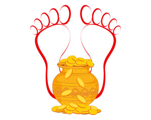 vector illustration of Maa Lakshmi footprint with gold coin in pot for Dhanteras celebration 