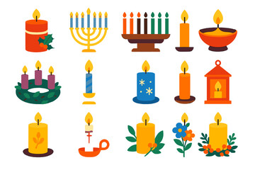 Festive Candle Icons. Holiday Candlelight in modern flat vector : Christmas candle, Hanukkah menorah candle, Kwanzaa kinara candle, Diwali diya lamp,