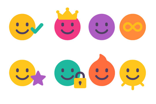 Vibrant Mood Trackers. Wellness Indicators in modern flat vector : mood tracker with check mark, mood tracker with crown, mood tracker with infinity,