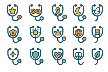 Healthcare silhouette icon set. featuring stethoscope, star, infinity, awareness, moon, flower, sun, crown, globe, hand, peace, and leaf symbols