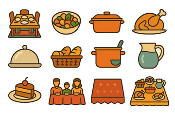 Neo-Flat Family Feast. Family Dinner set of icons in neo-flat style: table with plates, shared bowl of food, casserole dish, roasted chicken, serving