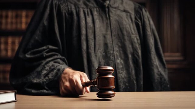Ultra HD Judge in courtroom holding gavel in hand, ready to make a decision or verdict  video