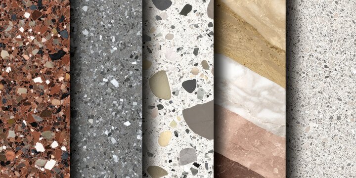 Vertical display of five distinct terrazzo samples showcasing varying color palettes and aggregate sizes, ideal for interior design choices