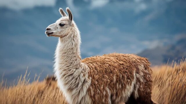 Ultra HD Llama standing in a field of grass with mountains in the background, peru, Llama moving video, Guanaco moving forward video