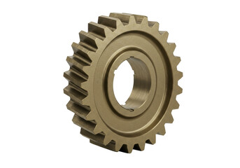 Isolated gold gear wheel for industrial equipment, mechanical engineering, and machinery