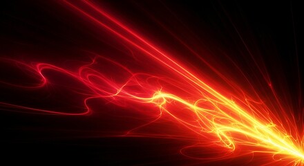 Dynamic fiery energy burst ignites with vibrant red and yellow light trails against a dark background, perfect for impact.
