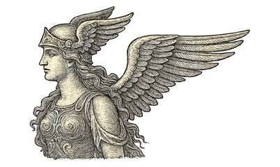 Antique valkyrie engraving with detailed wings and helmet for historical illustration and design