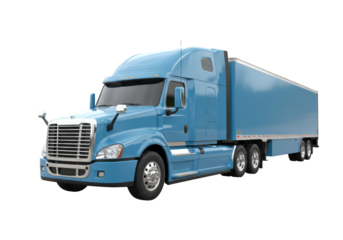 Isolated light blue semi truck with trailer delivering goods for commercial use, hauling