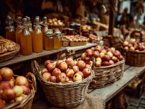 Close-up of rustic wooden baskets overflowing with freshly picked apples at Kivik Apple Market Festival. Handcrafted cider bottles, pies, and jams arranged on a market stall.
