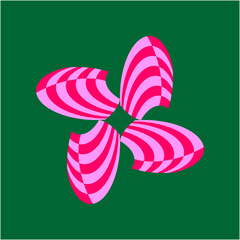 Four curved striped petals in pink and magenta radiate outward, swirling with energy, balance, rhythm, vibrancy, playfulness, and hypnotic harmony.