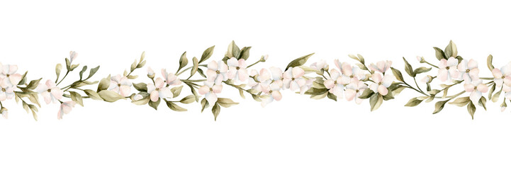 Obraz premium White small flowers with leaves seamless border. Jasmine, orange, apple blossom. Watercolor hand painted cute floral isolated illustration for wedding design, home textile, crockery, cosmetic package