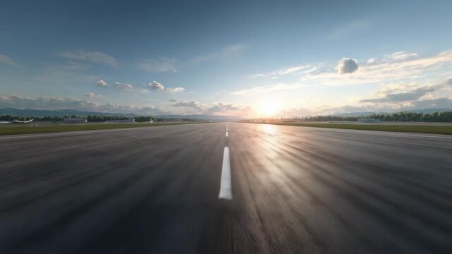 Ultra HD runway drone video in the sunrise with a few clouds in the blue sky, Airplane take off runway video