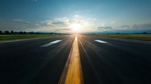 Ultra HD runway leading to a bright sunrise with a few clouds in the blue sky, Airplane take off video