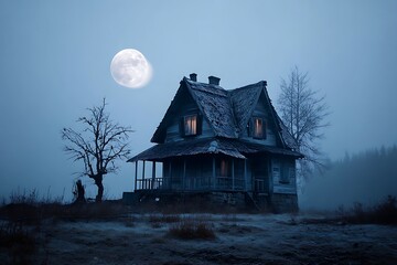 Spooky abandoned house at night with fog surrounding it and a full moon in the background, evoking a haunting atmosphere.